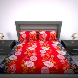 144 TC Cotton Flat Bedsheet for King Size Bed with 2 Pillow Covers | 90x100 inch | Design Floral | Color - Red |