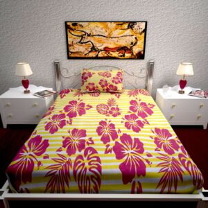 144 TC Cotton Flat Bedsheet for Single Size Bed with 1 Pillow Covers | 60X90 inch | Design Floral | Color - Yellow and Red