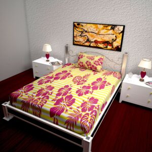 144 TC Cotton Flat Bedsheet for Single Size Bed with 1 Pillow Covers | 60X90 inch | Design Floral | Color - Yellow and Red